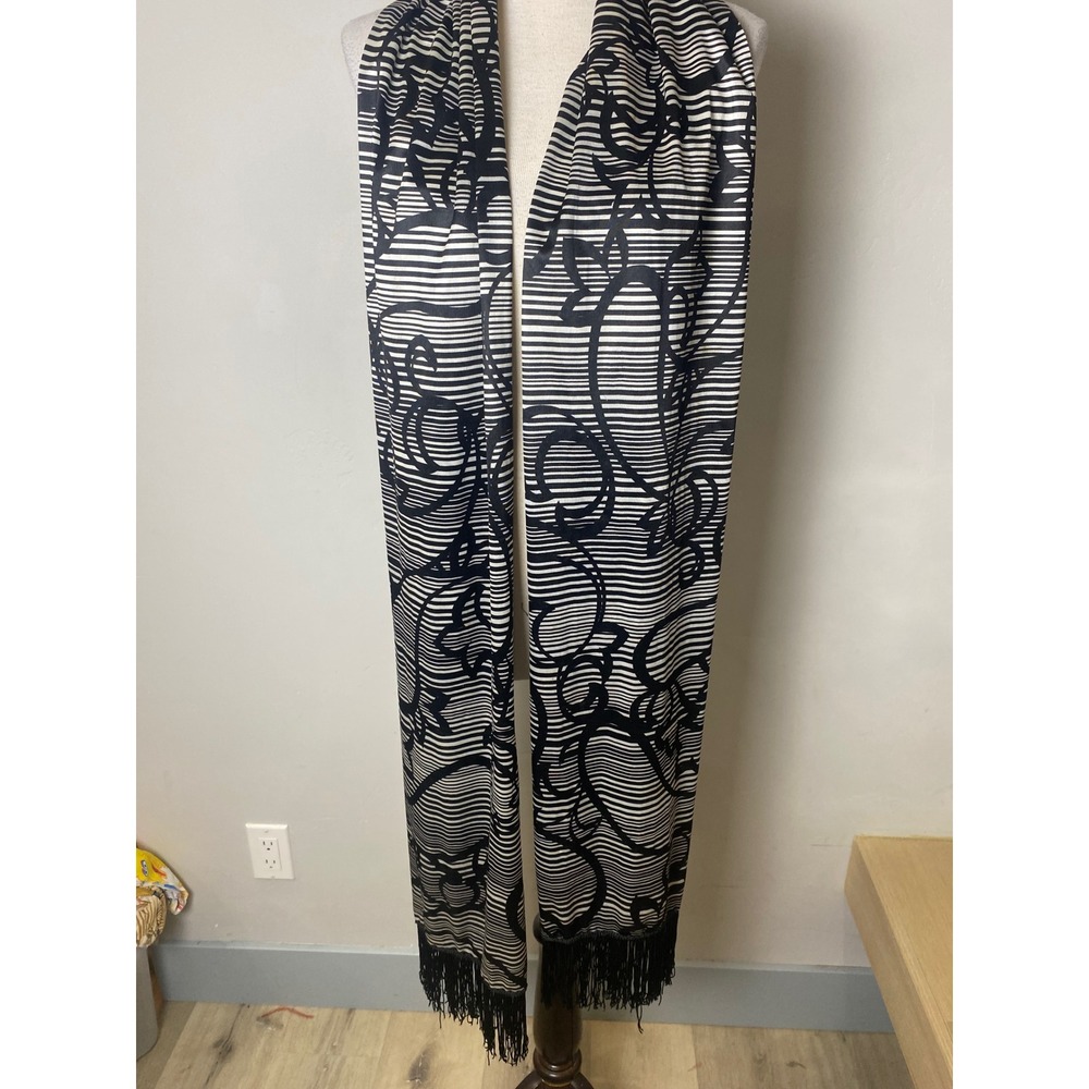 Vintage 60s 70s MOD Mid Century Scarf Black White Stripe Graphic Fringe Long